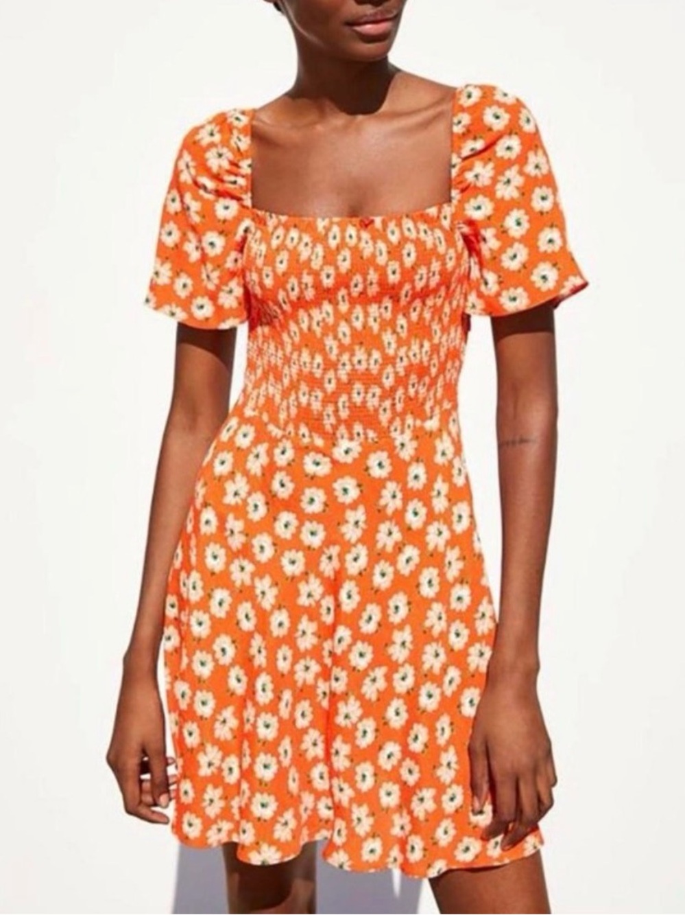 Zara Orange Floral Smocked Bodice Flared Square Neck Short Mini Dress Size XS